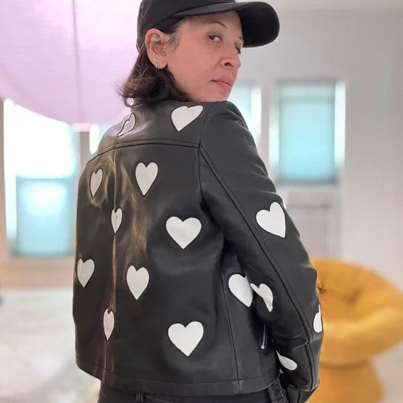 Maje Black Leather Jacket with White Heart Accents - Picture 2 of 6